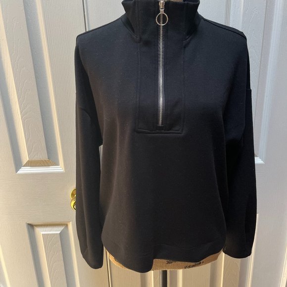 New Black Crop Sweater Long Sleeves Quater Zipper - Picture 2 of 2
